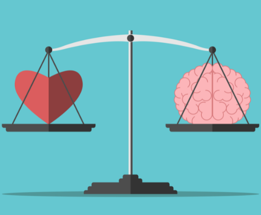 A balanced scale holds a red heart on one side and a pink brain on the other against a turquoise background.