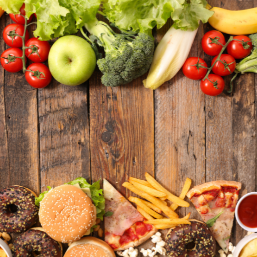 Fresh vegetables and fruit arranged above processed foods including burgers, fries, and donuts on wooden surface.