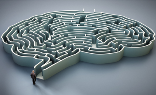 Person standing at the entrance of a brain-shaped maze with winding pathways.