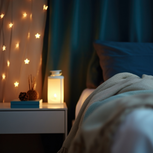 Bedroom nightstand with glowing star string lights, lantern, and small plant next to an unmade bed.