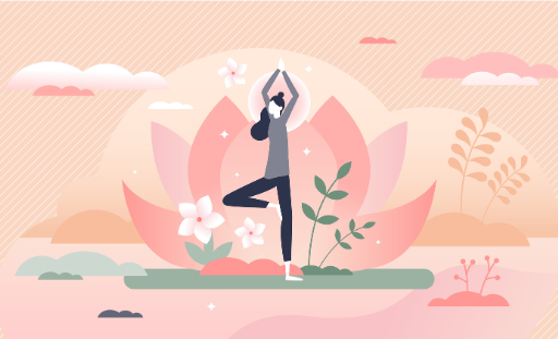 Illustration of a person practicing yoga in a tree pose, surrounded by flowers, leaves, and a large pink lotus flower, with a calm pastel background and soft clouds—inviting you to get moving and feel better through gentle exercise.
