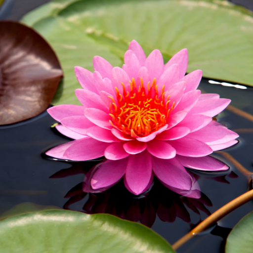 Bright pink water lily with red and yellow center floating on dark water among green lily pads.