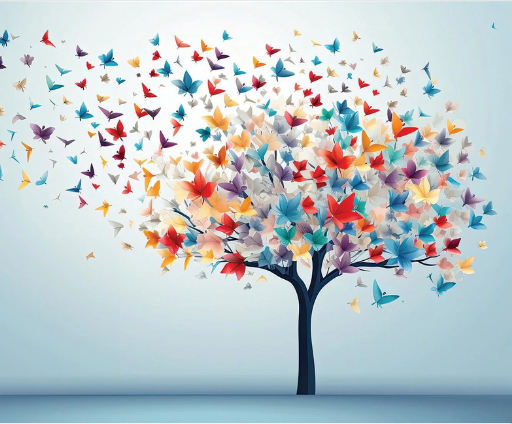A tree with colorful leaves, shaped like butterflies, appears to have its leaves transforming into butterflies and flying away, symbolizing recovery and well-being against a soft gradient background.
