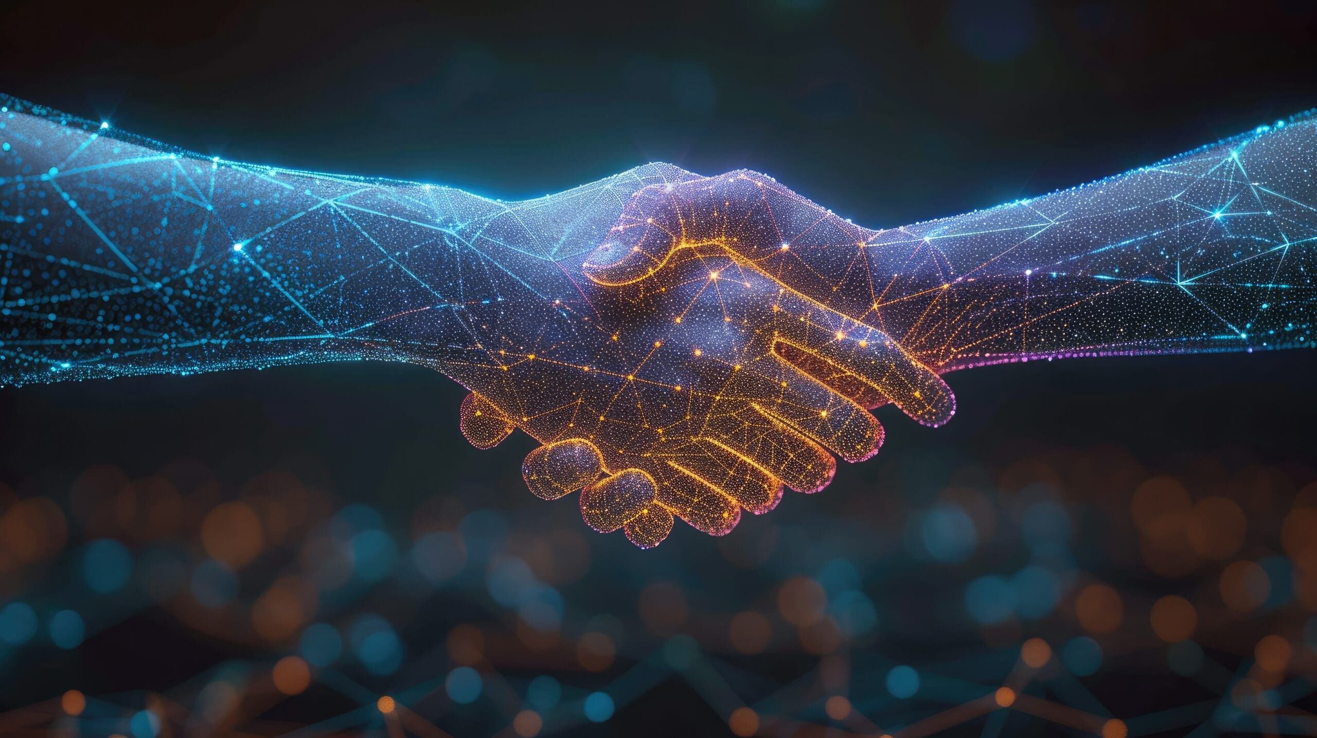 Two digital hands composed of blue and orange glowing lines and dots are shaking hands, symbolizing the magic of connection, technology, and partnership against a dark, abstract background.