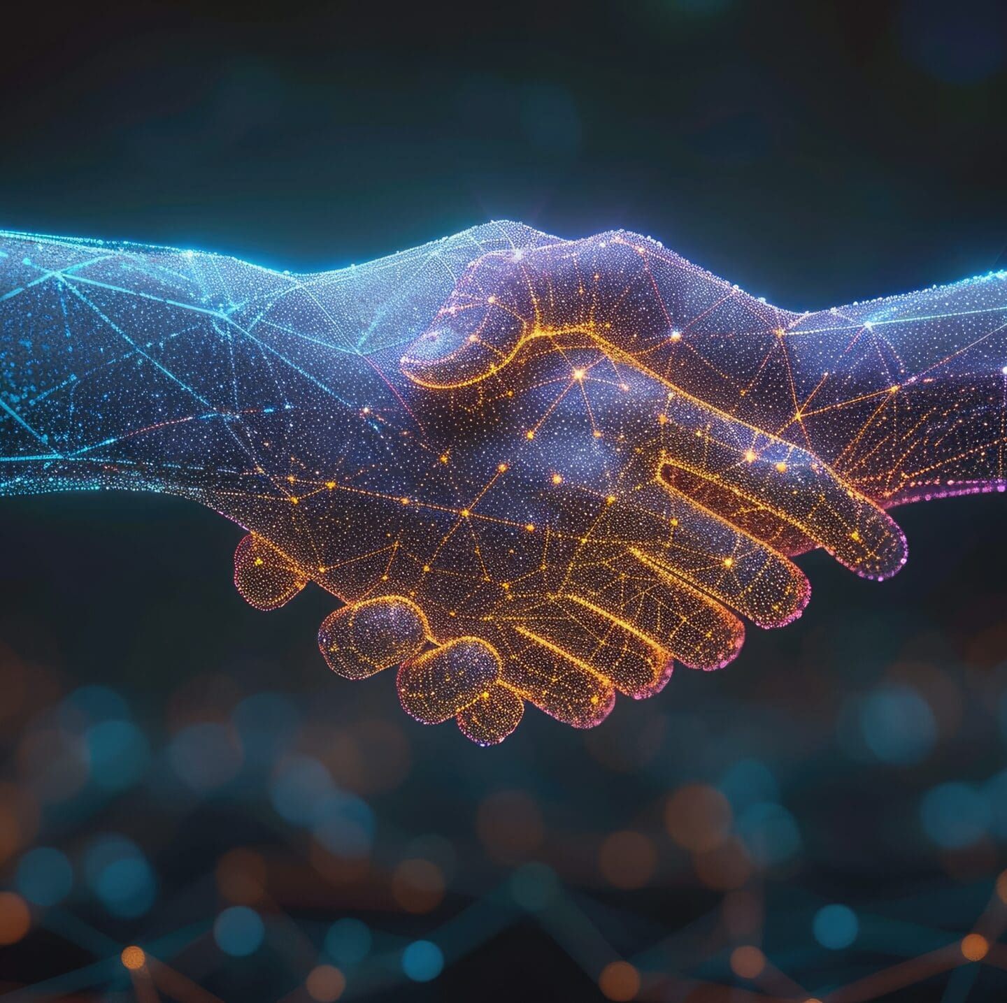 Two digital hands composed of blue and orange glowing lines and dots are shaking hands, symbolizing the magic of connection, technology, and partnership against a dark, abstract background.