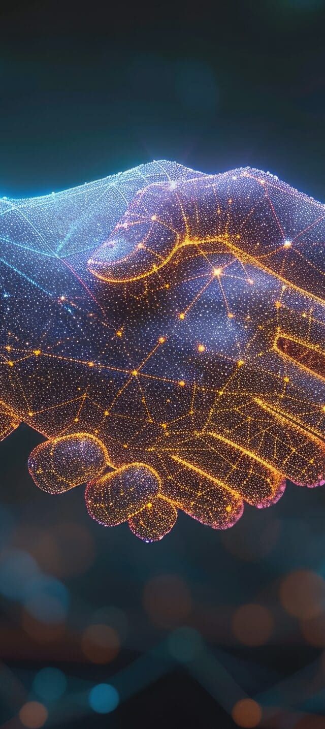 Two digital hands composed of blue and orange glowing lines and dots are shaking hands, symbolizing the magic of connection, technology, and partnership against a dark, abstract background.