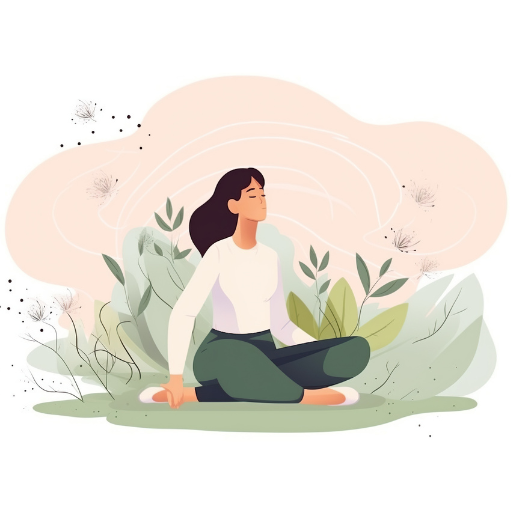 Person with dark hair sitting cross-legged in meditation pose surrounded by green plants and floating seeds.