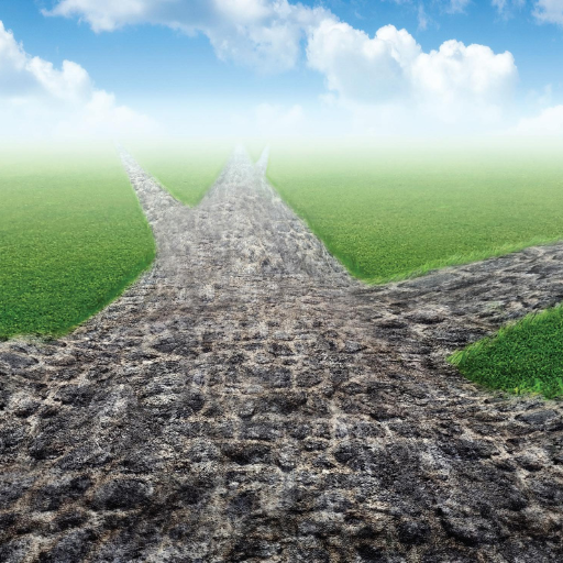 A forked path of lighter and darker soil splits through a green field under blue sky with white clouds.