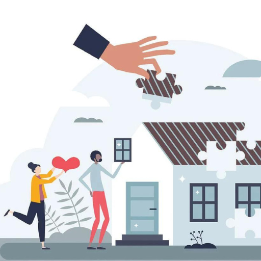 A woman in yellow holds a red heart while a man in red stands by a house as a hand reaches down from above.