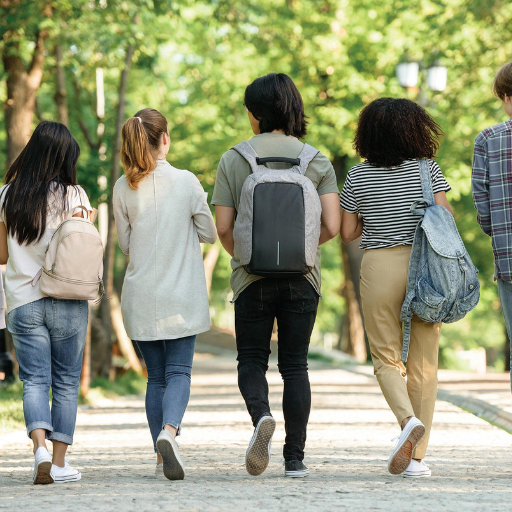 Five young people walk together on a tree-lined path outdoors, viewed from behind.