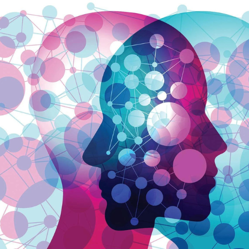 Silhouette of a human head filled with colorful connected circles and network lines in pink and blue tones.