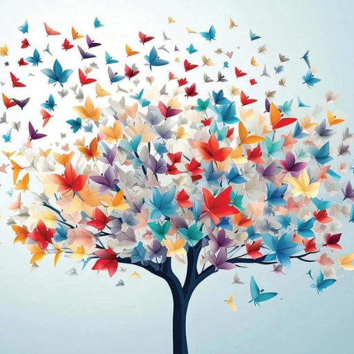 Tree with dark trunk sprouting colorful paper butterflies and leaves in red, blue, orange, yellow, and purple against light blue background.
