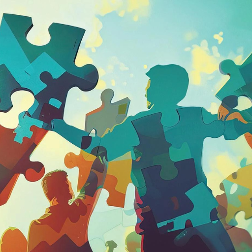 Two silhouettes of people facing each other while puzzle pieces in teal, orange, and yellow fit together around them.