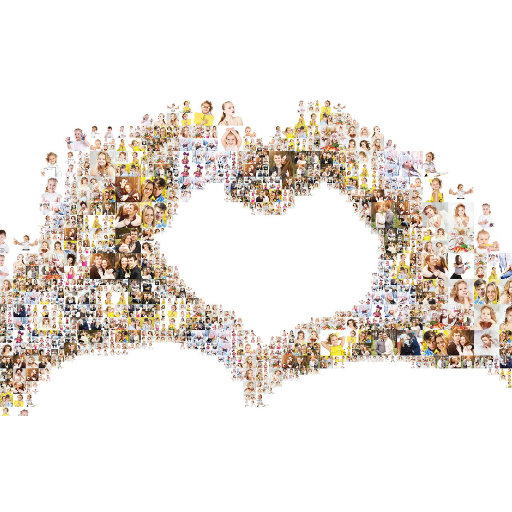 Hundreds of diverse people's photographs arranged to form two hands creating a heart shape.