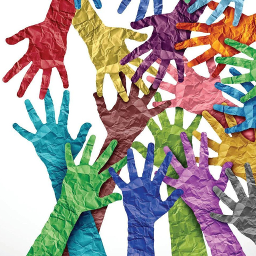 Colorful paper cutout hands in red, yellow, purple, blue, green, and pink arranged together on white background.