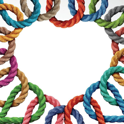 Colorful twisted cords in rainbow hues form a connected circle frame against white background.