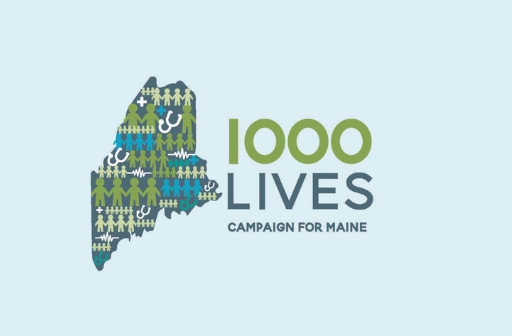 Maine state map filled with yellow figures and medical icons next to "1000 Lives Campaign for Maine" text.