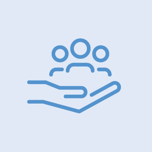 Blue icon showing an open hand holding three people figures against a light background.