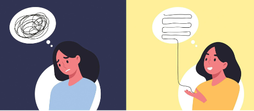 Woman in blue shirt with tangled thought bubble on dark background, woman in yellow shirt with organized thought bubble on light background.