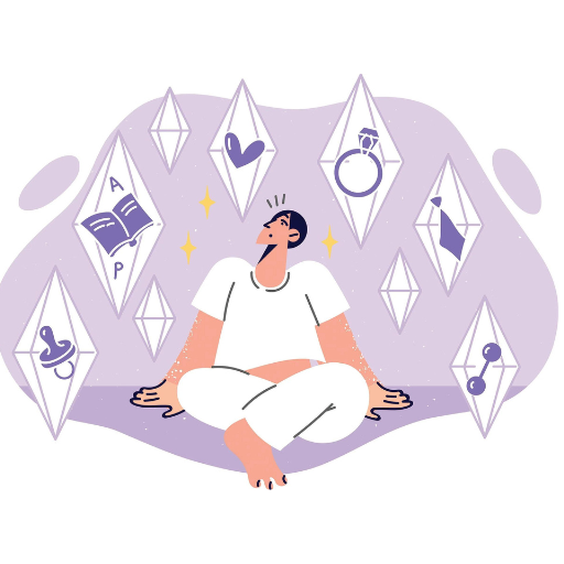 Person in white clothing sits cross-legged, surrounded by floating diamond shapes containing symbols of work, education, relationships, and wellness.