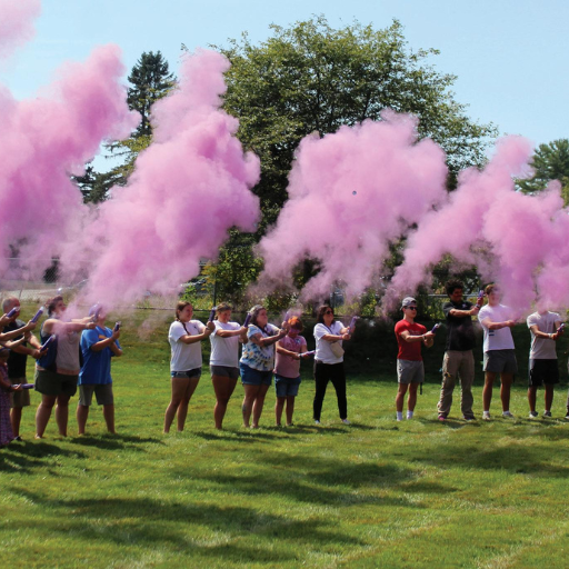 A group of people stands in a grassy field in Bridgton, releasing pink smoke into the air, forming large colorful clouds. Trees and clear blue sky are visible in the background, hinting at a Strong Recovery Network event.