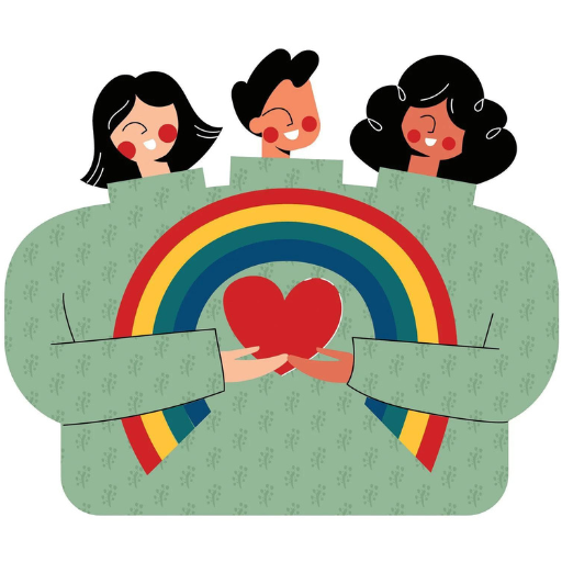 Three people with dark hair hold a red heart together in front of a rainbow.