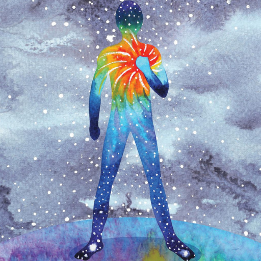 Watercolor illustration of a figure with colorful chakra energy centers glowing along the spine and body against a snowy background.