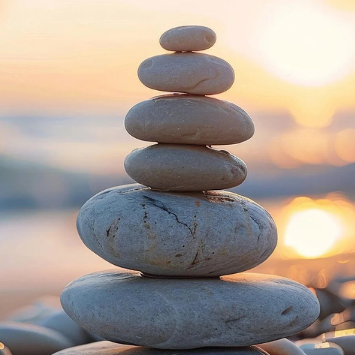 Stacked smooth stones balanced in a tower against a sunset sky and blurred water background.