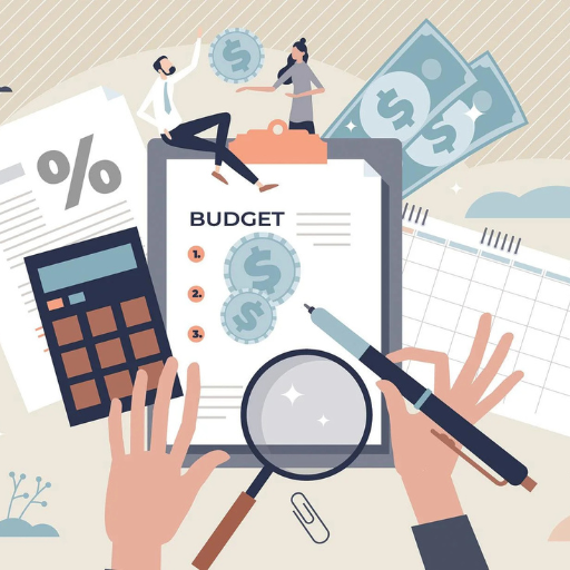 Illustrated overhead view of hands reviewing a budget document with calculator, magnifying glass, currency, and financial planning charts.
