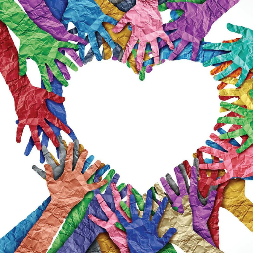 Colorful paper hands arranged in a circle facing inward, creating a heart shape in the center.