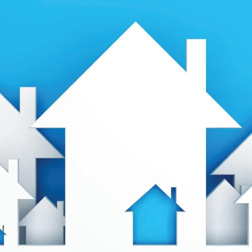 Large white house outline centered on blue background, surrounded by smaller gray and blue house shapes.