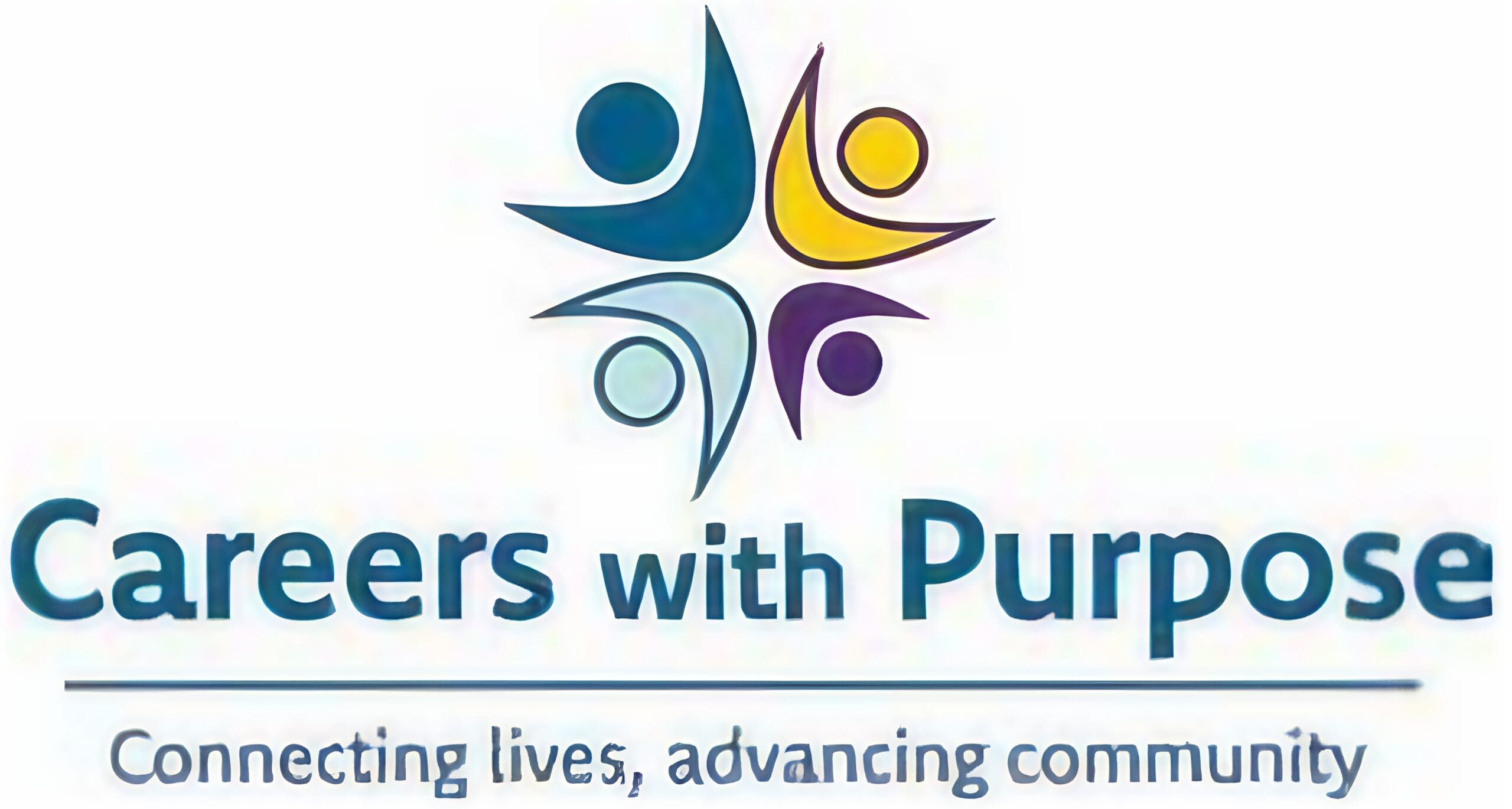 Logo with four abstract human figures in blue, teal, yellow, and purple forming a star shape. Below, text reads: Careers with Purpose and Connecting lives, advancing community—celebrating lived experience on your rewarding career path.