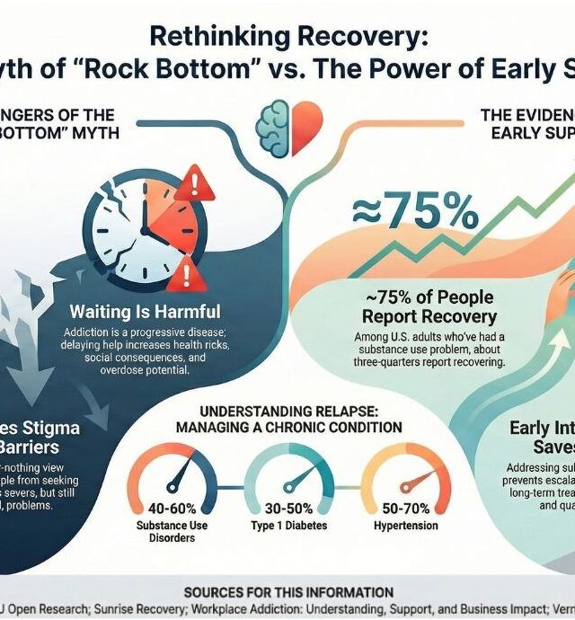 An infographic titled Rethinking Recovery: The Myth of Rock Bottom vs. The Power of Early Support uses clocks and statistics to highlight the harms of waiting for rock bottom and the benefits of early treatment and addiction intervention.