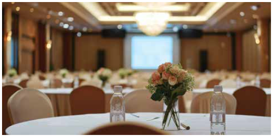 A banquet hall set for social gatherings features round tables with floral centerpieces and water bottles. Soft lighting, beige chairs, and a large screen at the front create an inviting space perfect for event planning needs.