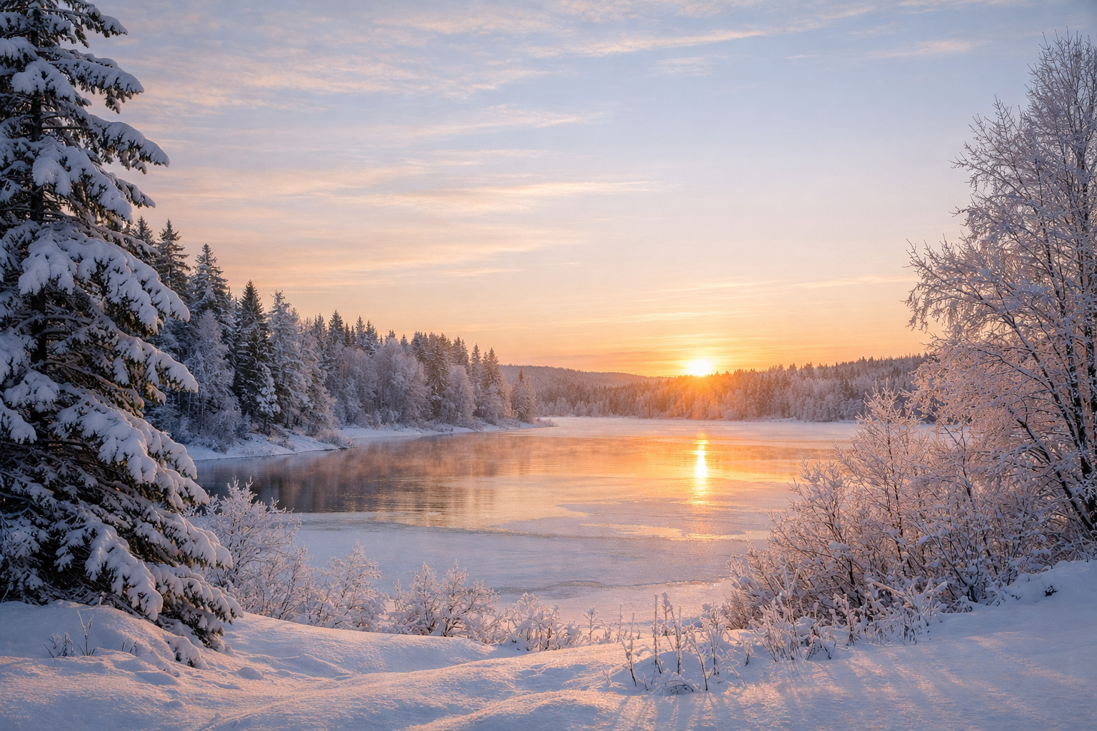 A serene winter landscape at sunrise, with snow-covered trees and ground surrounding a calm, partially frozen lake reflecting the golden light—capturing the peaceful spirit of the holidays.