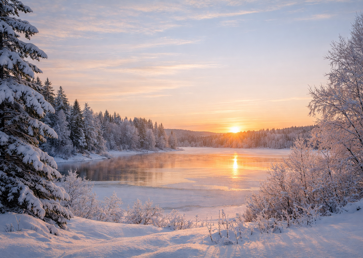 A serene winter landscape at sunrise, with snow-covered trees and ground surrounding a calm, partially frozen lake reflecting the golden light—capturing the peaceful spirit of the holidays.