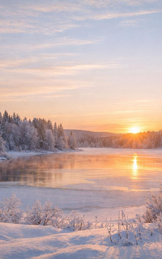 A serene winter landscape at sunrise, with snow-covered trees and ground surrounding a calm, partially frozen lake reflecting the golden light—capturing the peaceful spirit of the holidays.