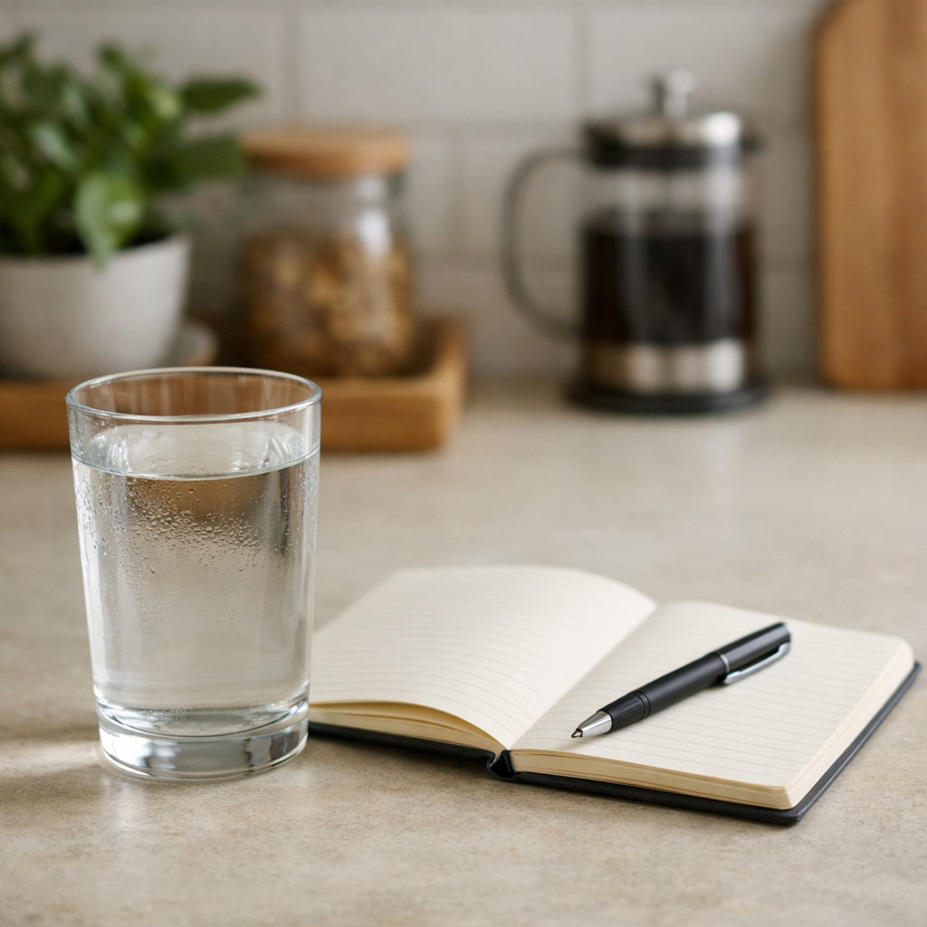 A glass of water, an open lined notebook with a pen, sit on a kitchen counter—a peaceful setting for reflecting on sobriety. In the background, there’s a plant, a jar, and a French press with coffee—perfect for Dry January.