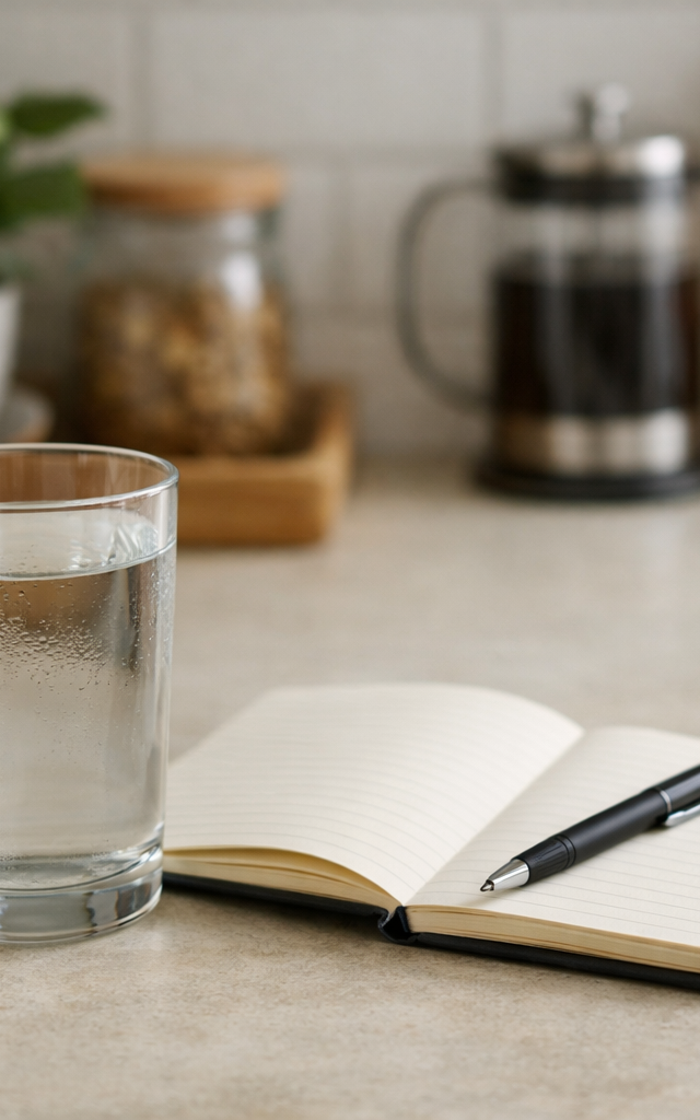 A glass of water, an open lined notebook with a pen, sit on a kitchen counter—a peaceful setting for reflecting on sobriety. In the background, there’s a plant, a jar, and a French press with coffee—perfect for Dry January.