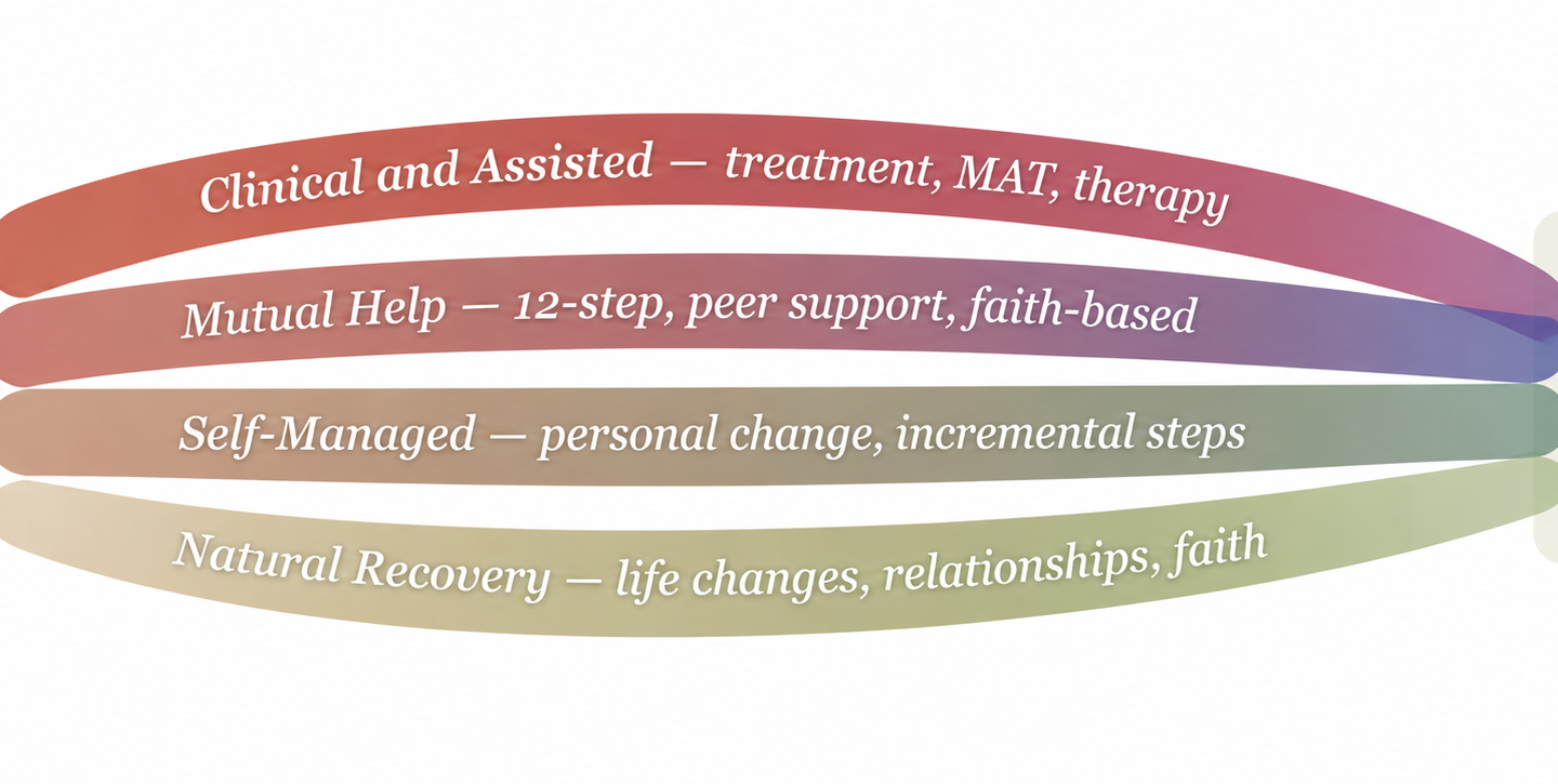 Diagram showing four pathways from problematic drug or alcohol use to wellness: clinical and assisted treatment, mutual help groups, self-managed recovery, and natural recovery.