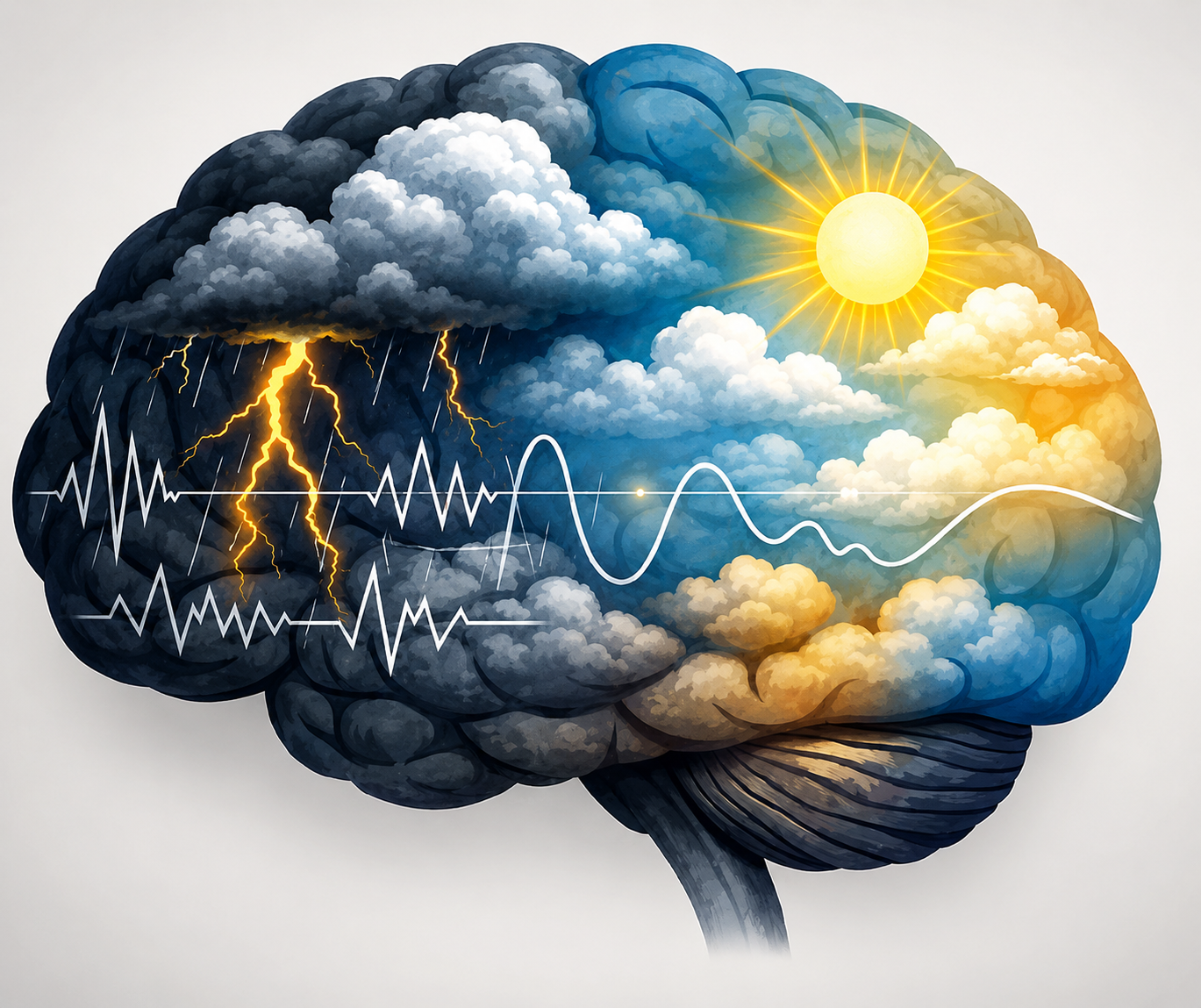 Illustration of brain shape showing storm clouds with lightning on left side transitioning to sunny sky with bright sun on right side, with wavy lines representing brain activity throughout.