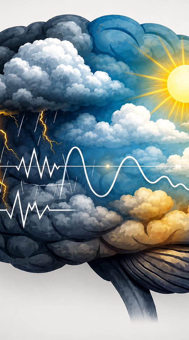 Illustration of brain shape showing storm clouds with lightning on left side transitioning to sunny sky with bright sun on right side, with wavy lines representing brain activity throughout.