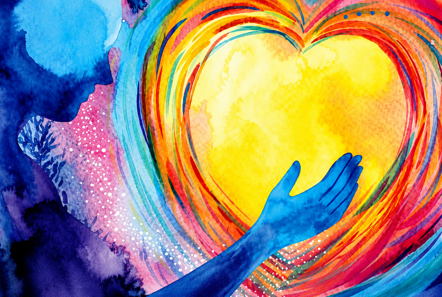 Blue hand reaches toward large heart shape with rainbow concentric lines on yellow background.