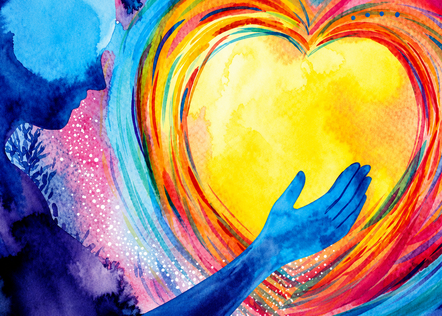Blue hand reaches toward large heart shape with rainbow concentric lines on yellow background.
