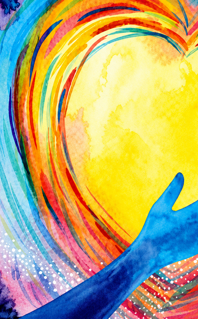 Blue hand reaches toward large heart shape with rainbow concentric lines on yellow background.