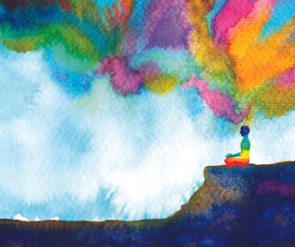 Watercolor illustration of a small figure sitting cross-legged on a cliff edge, facing a burst of rainbow colour.