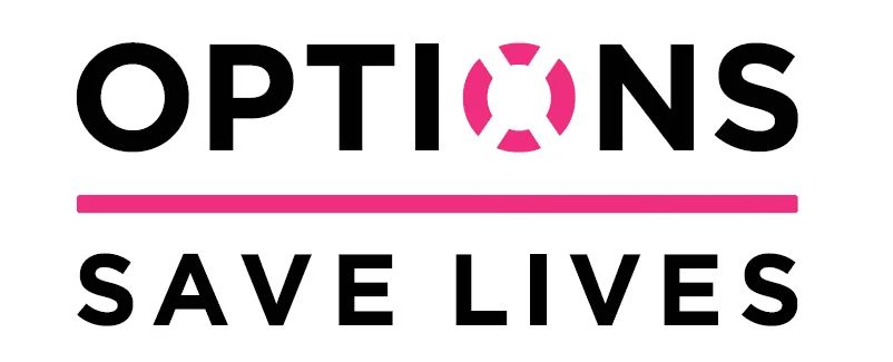 The wordmark OPTIONS SAVE LIVES, with a life ring forming the letter O.