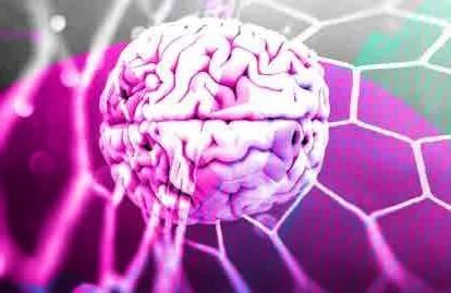 A human brain rendered against a magenta and pink network of light.