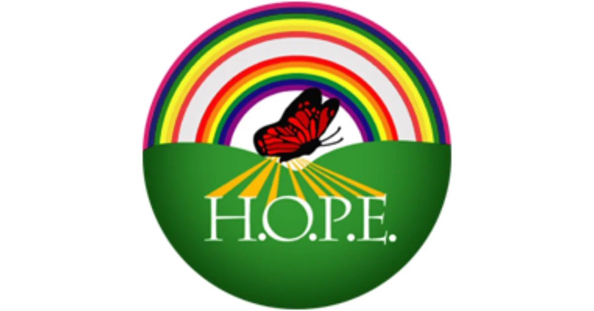 A circular H.O.P.E. emblem with a rainbow arc, a butterfly and a green field.