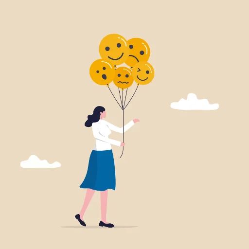Illustration of a woman holding a bunch of yellow balloons, each drawn with a different face.